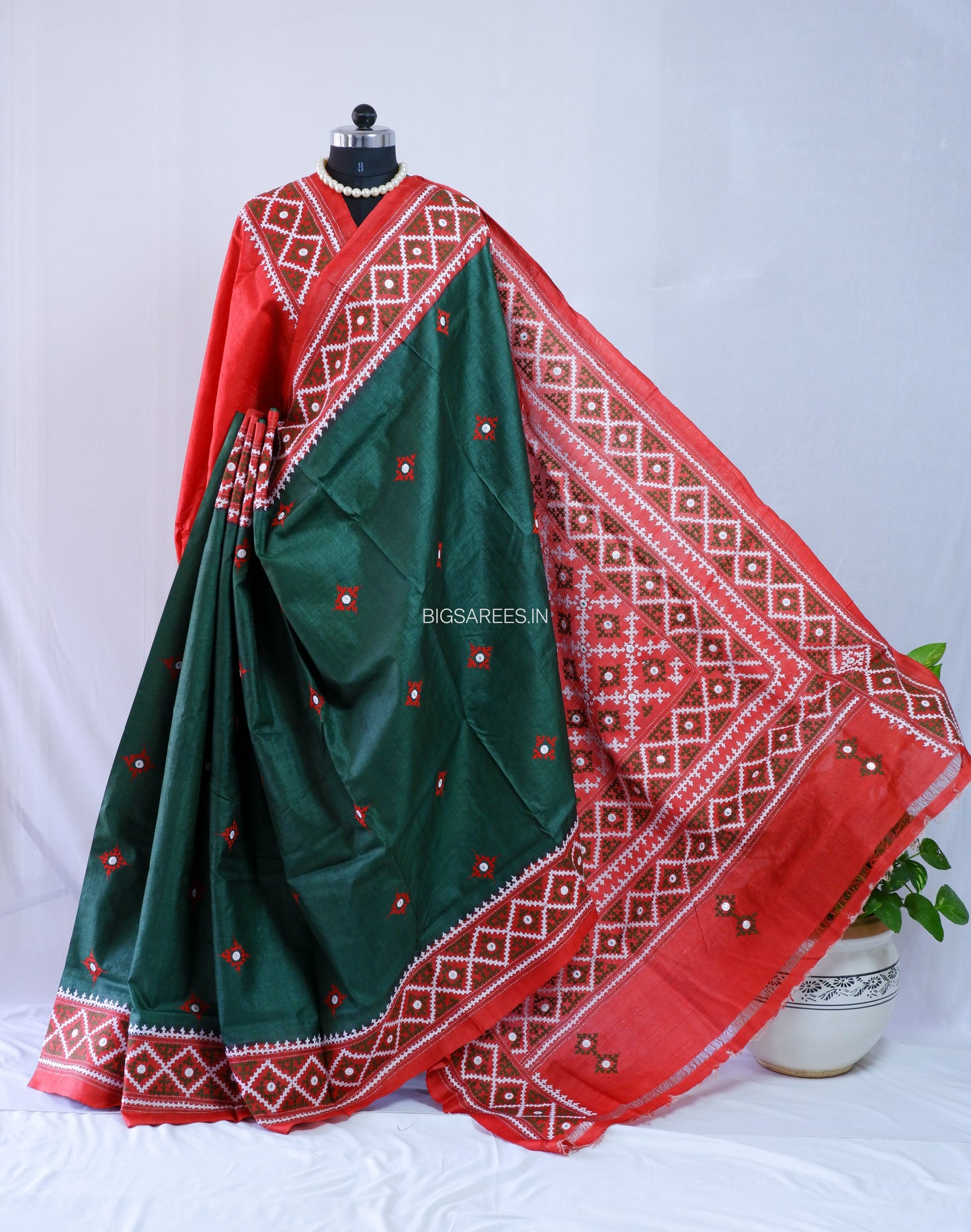 Kutchi Hand Embroidered Saree | Gachi Tassar Silk | Silk Marked | Dark Green/Red