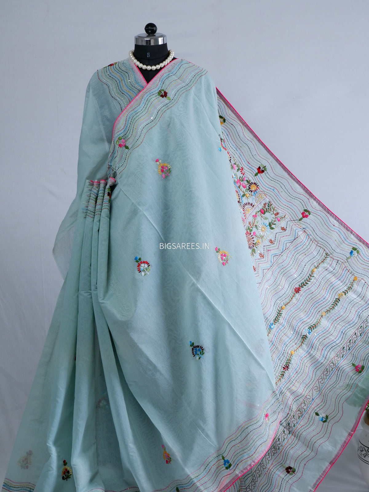 Phulkari Hand-Embroidered Saree | Chanderi Silk | Light Blue