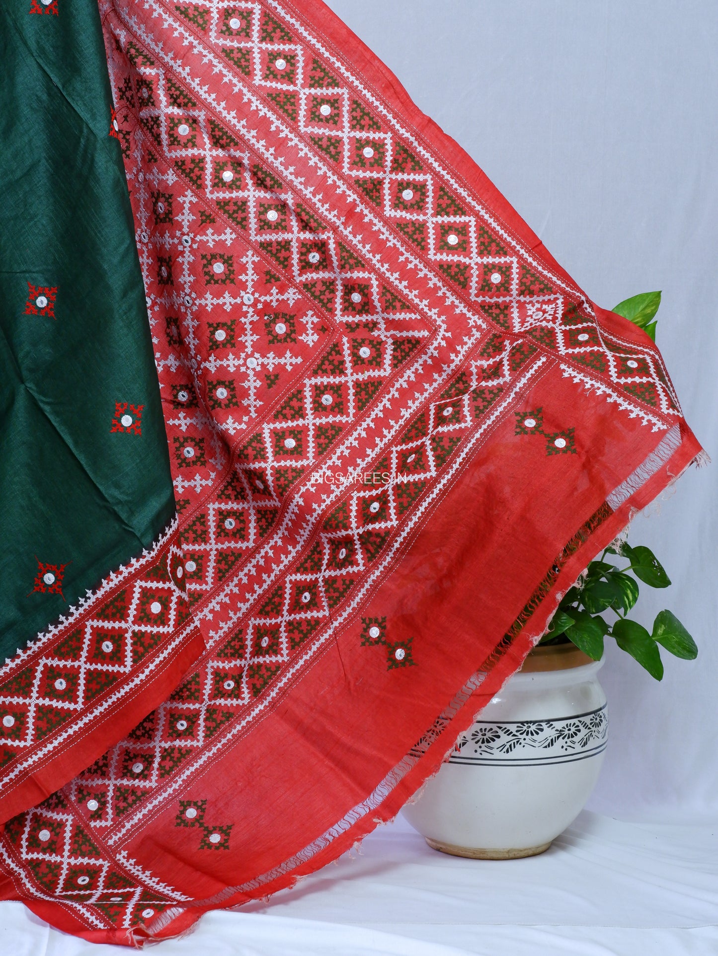 Kutchi Hand Embroidered Saree | Gachi Tassar Silk | Silk Marked | Dark Green/Red