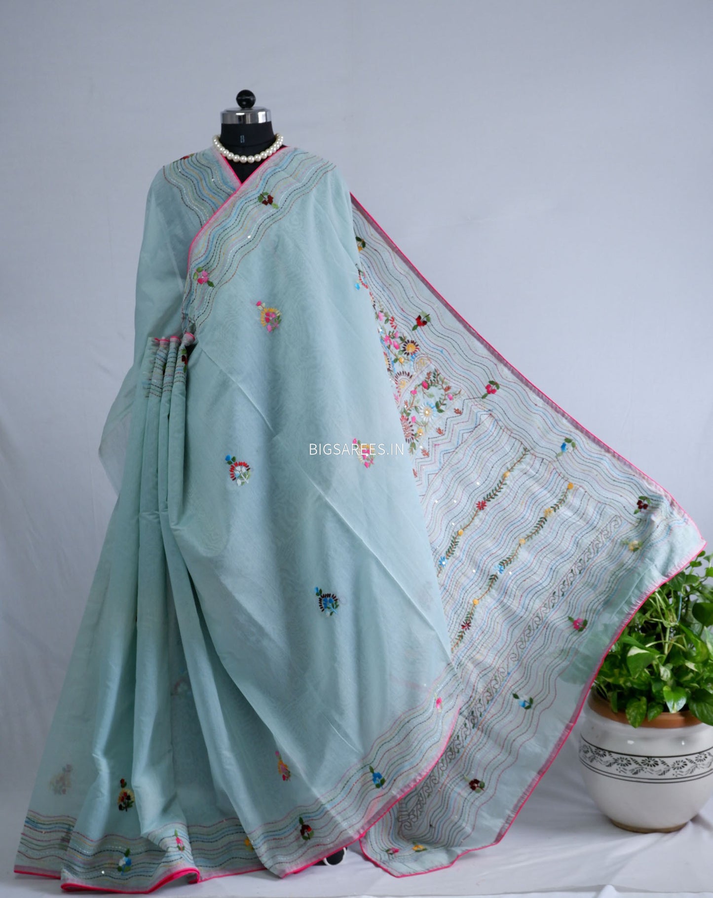 Phulkari Hand-Embroidered Saree | Chanderi Silk | Light Blue