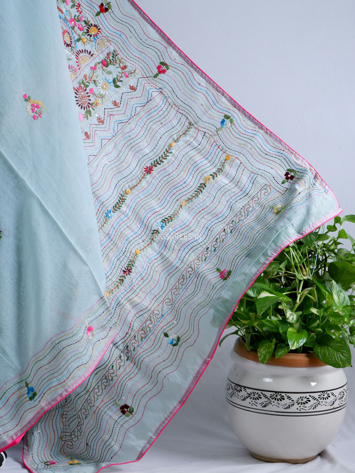 Phulkari Hand-Embroidered Saree | Chanderi Silk | Light Blue