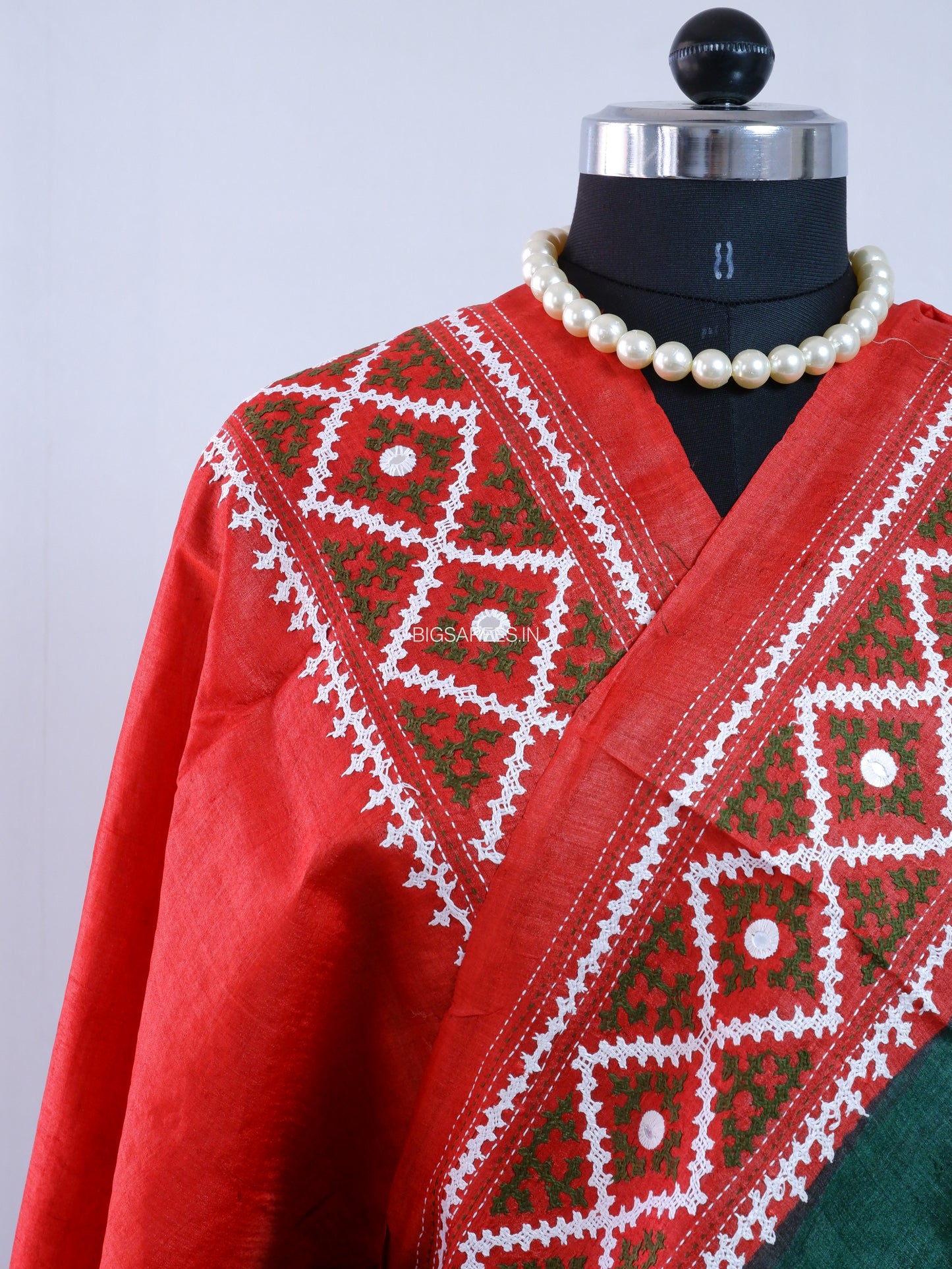 Kutchi Hand Embroidered Saree | Gachi Tassar Silk | Silk Marked | Dark Green/Red