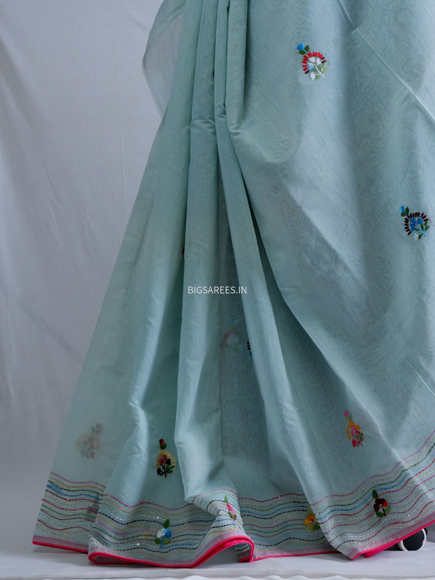 Phulkari Hand-Embroidered Saree | Chanderi Silk | Light Blue
