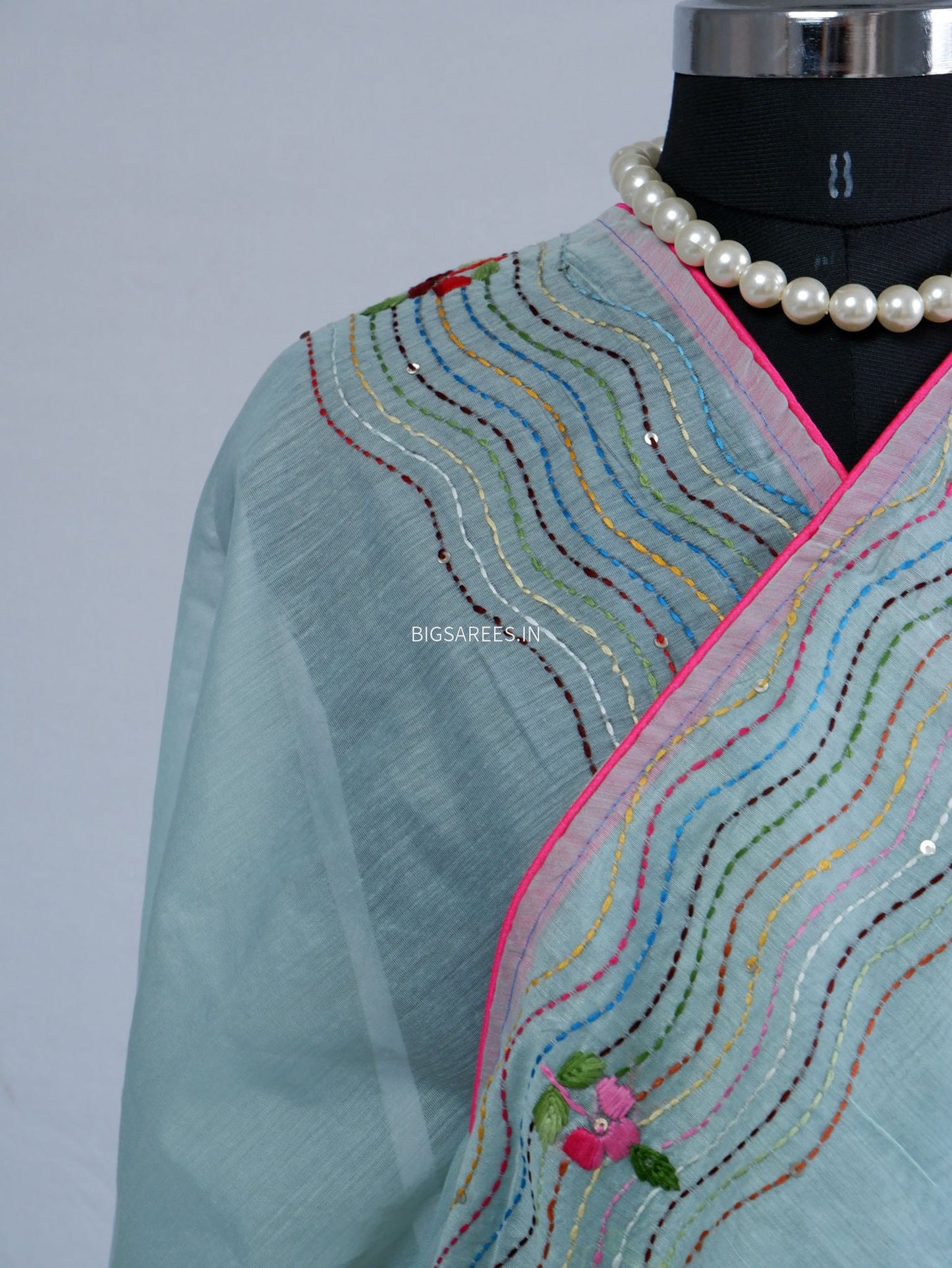 Phulkari Hand-Embroidered Saree | Chanderi Silk | Light Blue