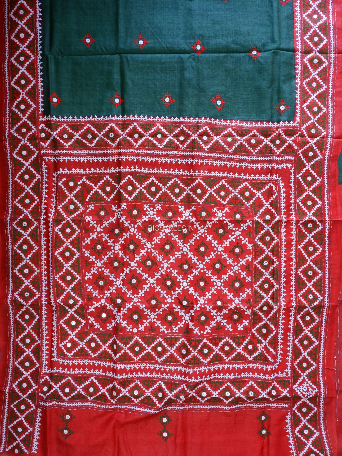 Kutchi Hand Embroidered Saree | Gachi Tassar Silk | Silk Marked | Dark Green/Red