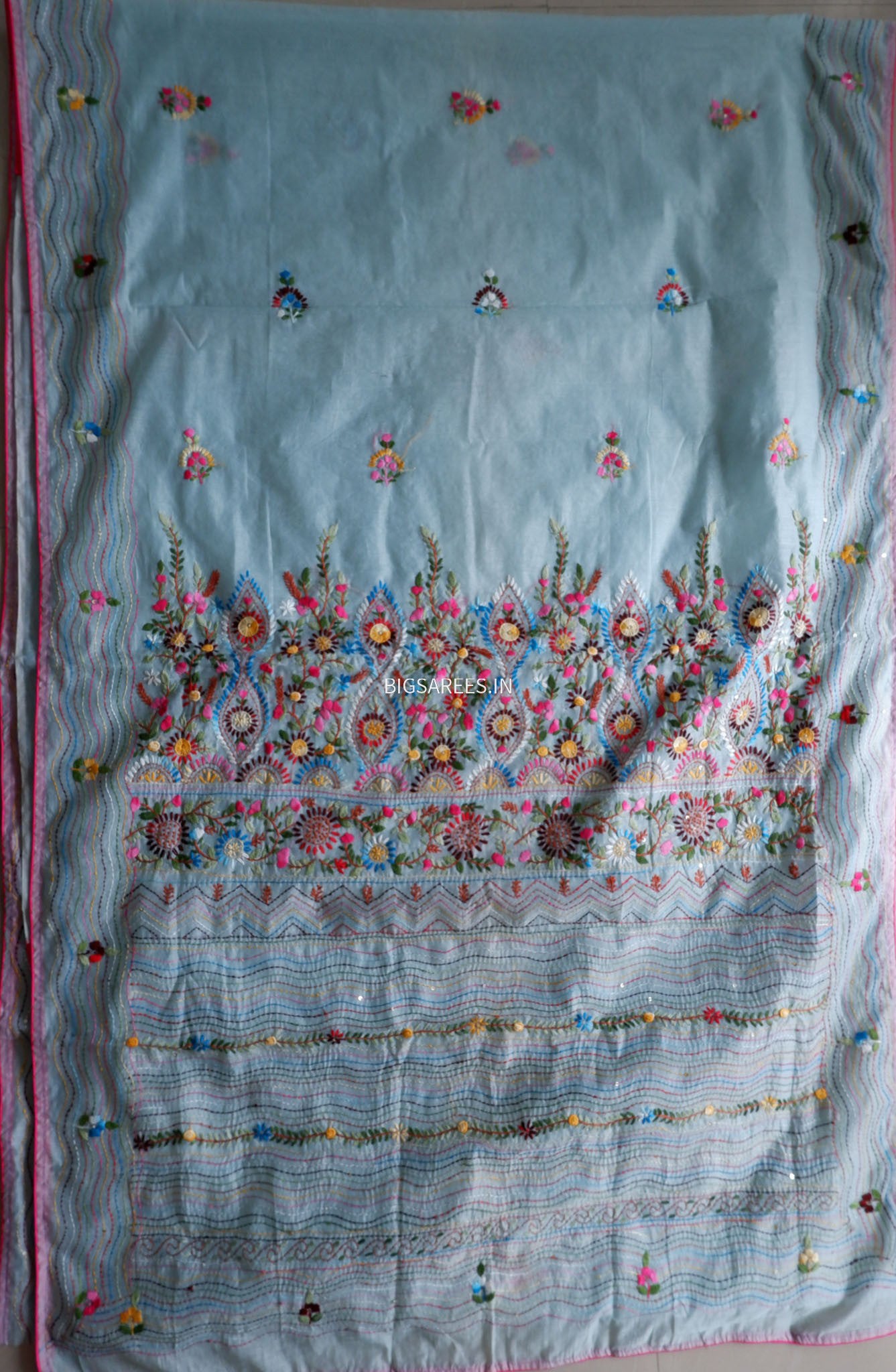 Phulkari Hand-Embroidered Saree | Chanderi Silk | Light Blue