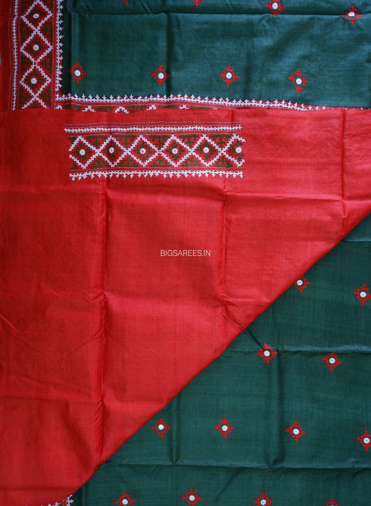 Kutchi Hand Embroidered Saree | Gachi Tassar Silk | Silk Marked | Dark Green/Red