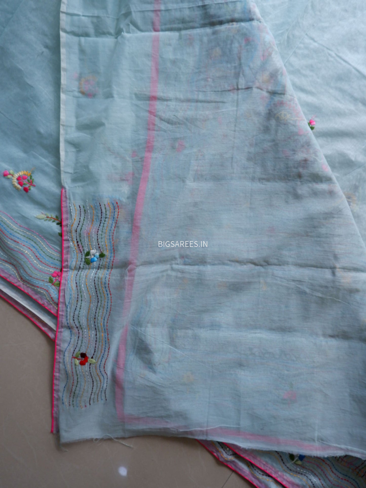 Phulkari Hand-Embroidered Saree | Chanderi Silk | Light Blue