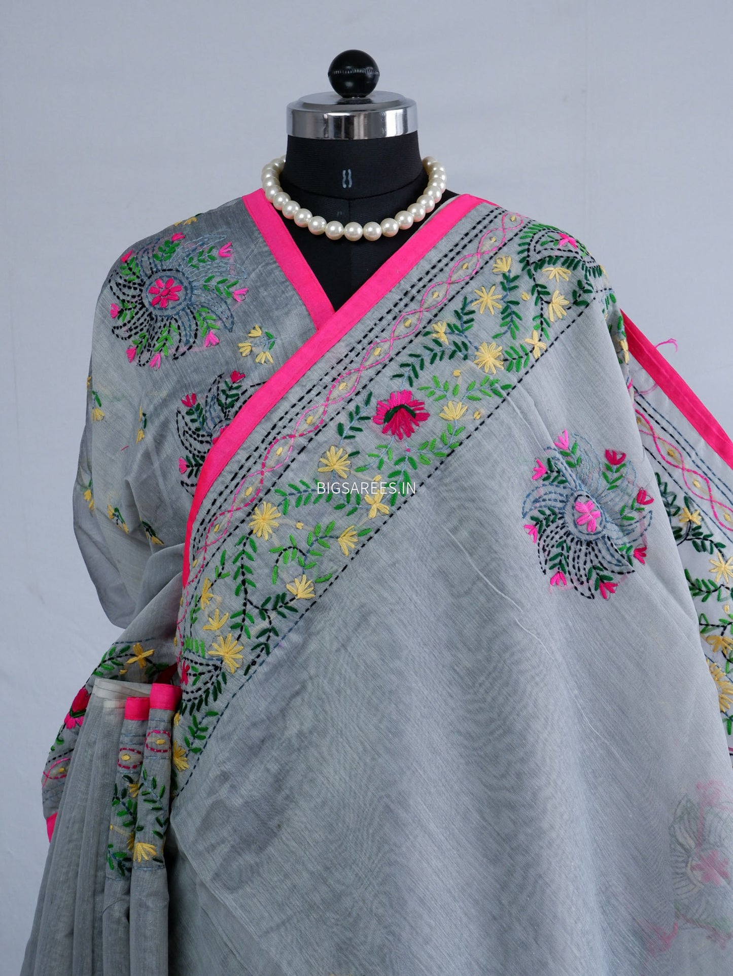 Phulkari Hand-Embroidered Saree | Chanderi Silk | Grey