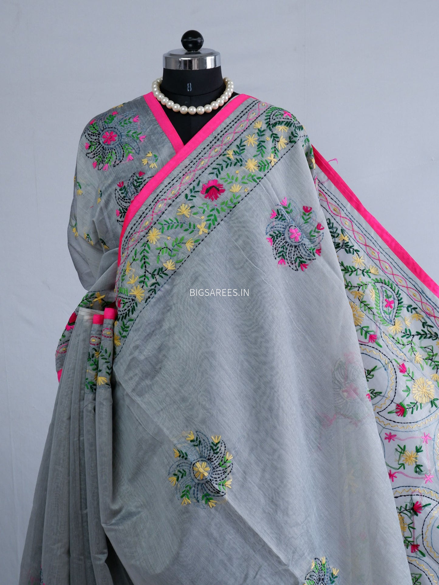 Phulkari Hand-Embroidered Saree | Chanderi Silk | Grey