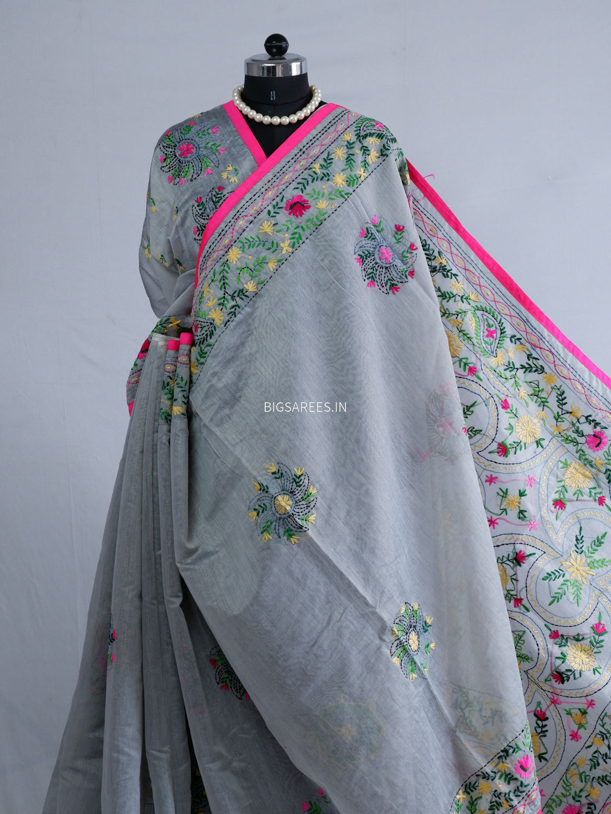 Phulkari Hand-Embroidered Saree | Chanderi Silk | Grey