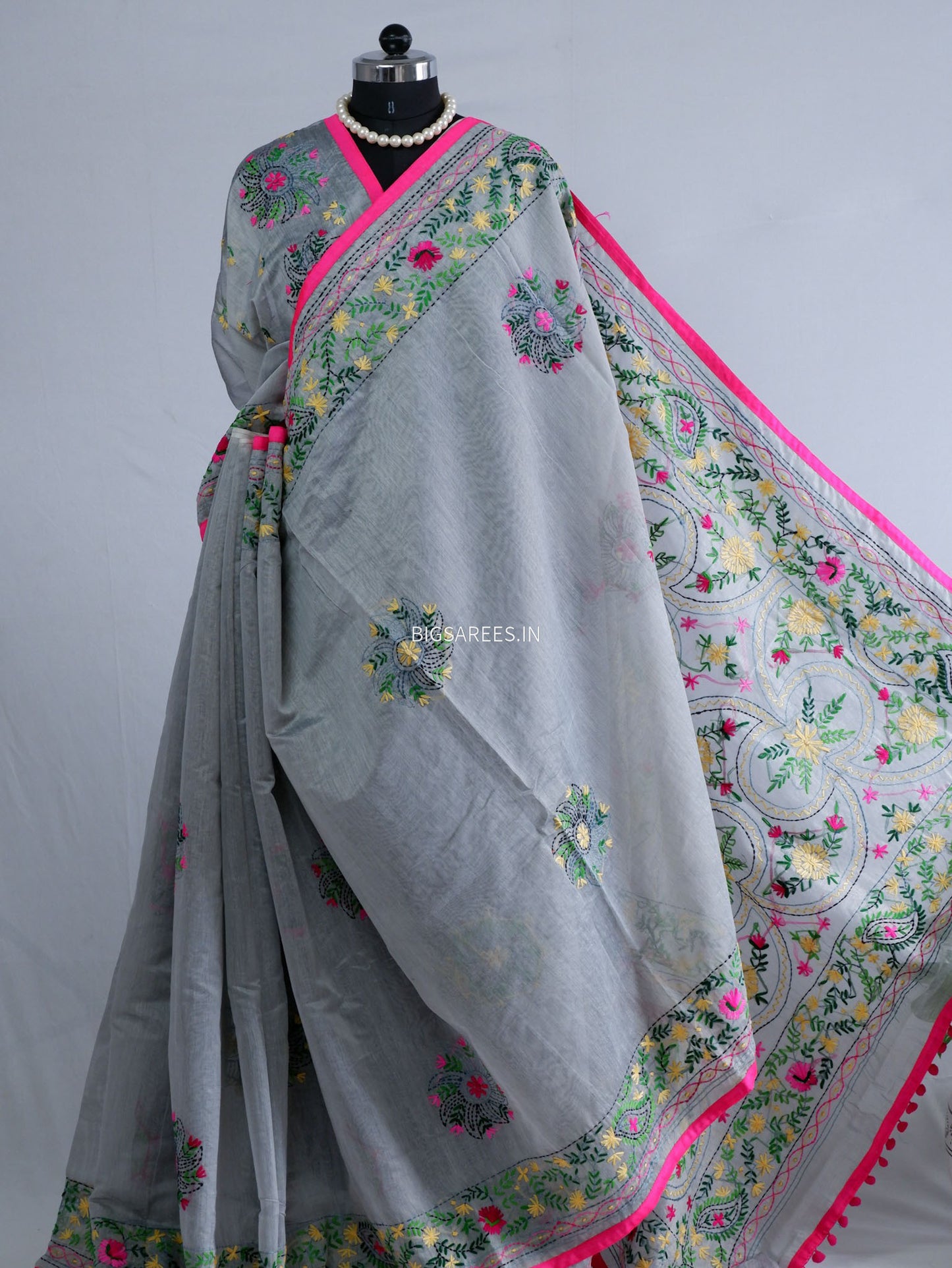 Phulkari Hand-Embroidered Saree | Chanderi Silk | Grey
