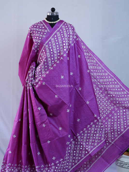 Kutchi Hand Embroidered Saree | Gachi Tassar Silk | Silk Marked | Deep Lavendar