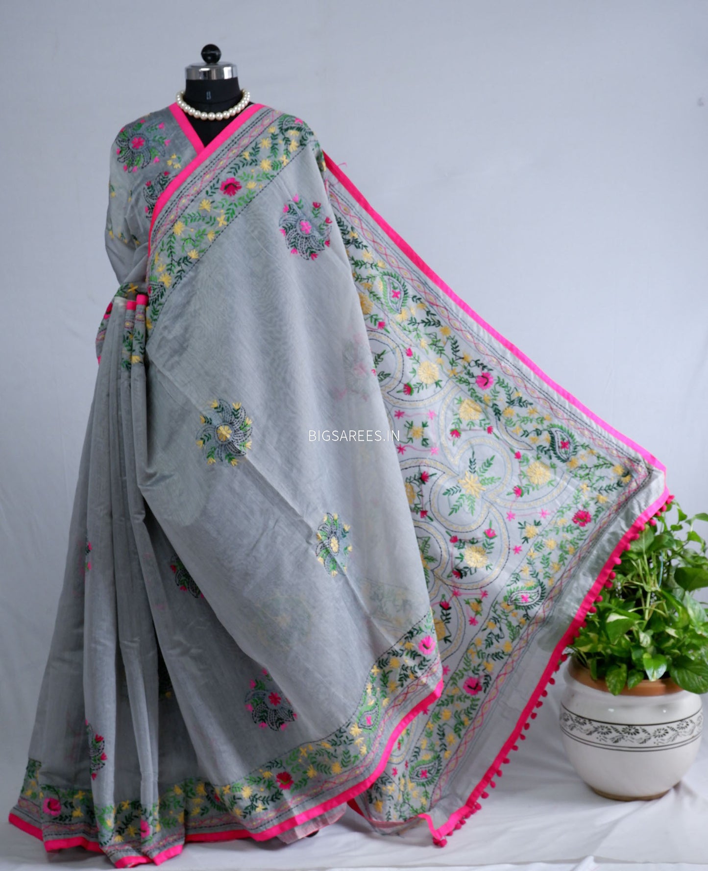 Phulkari Hand-Embroidered Saree | Chanderi Silk | Grey