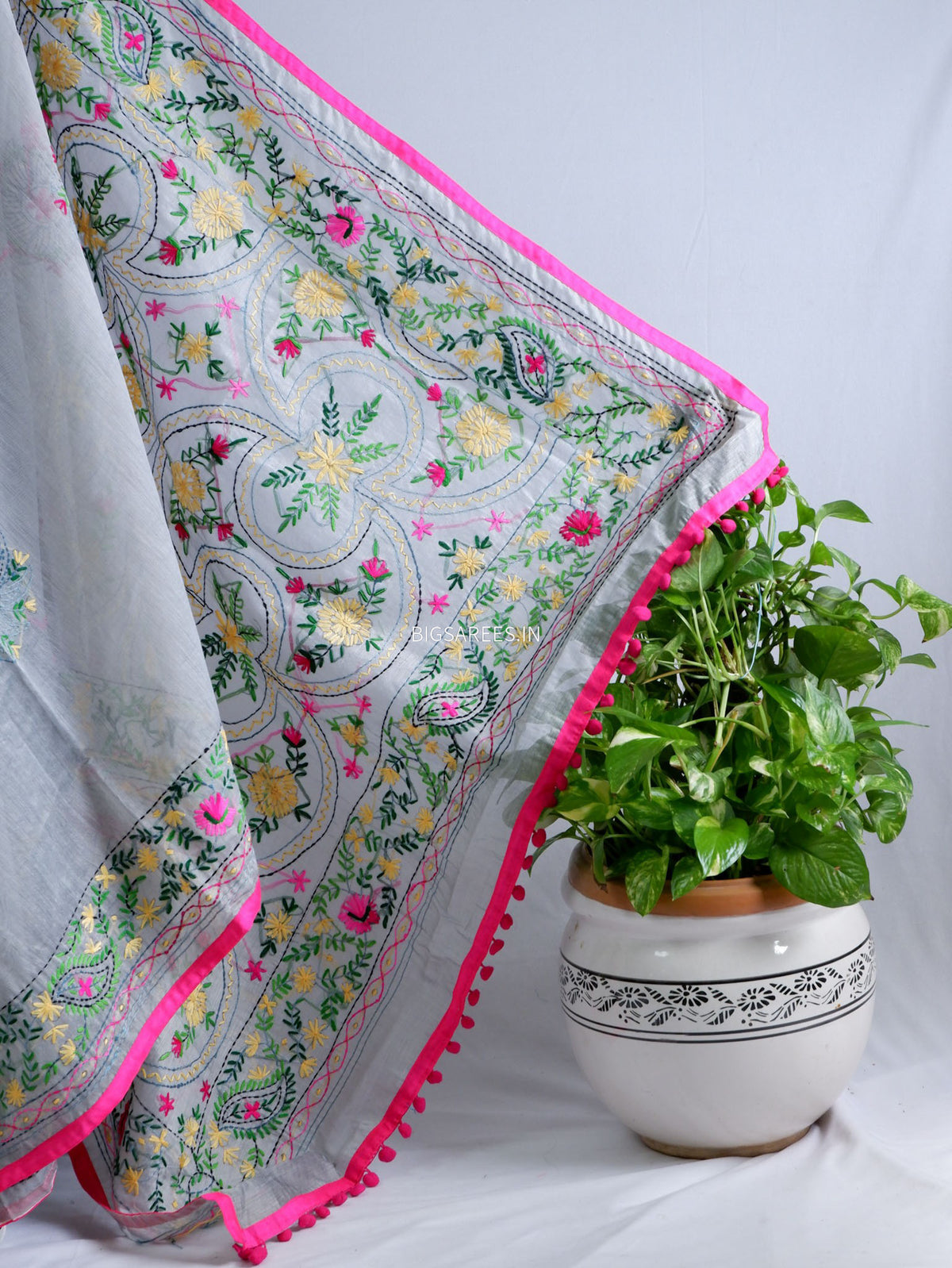 Phulkari Hand-Embroidered Saree | Chanderi Silk | Grey