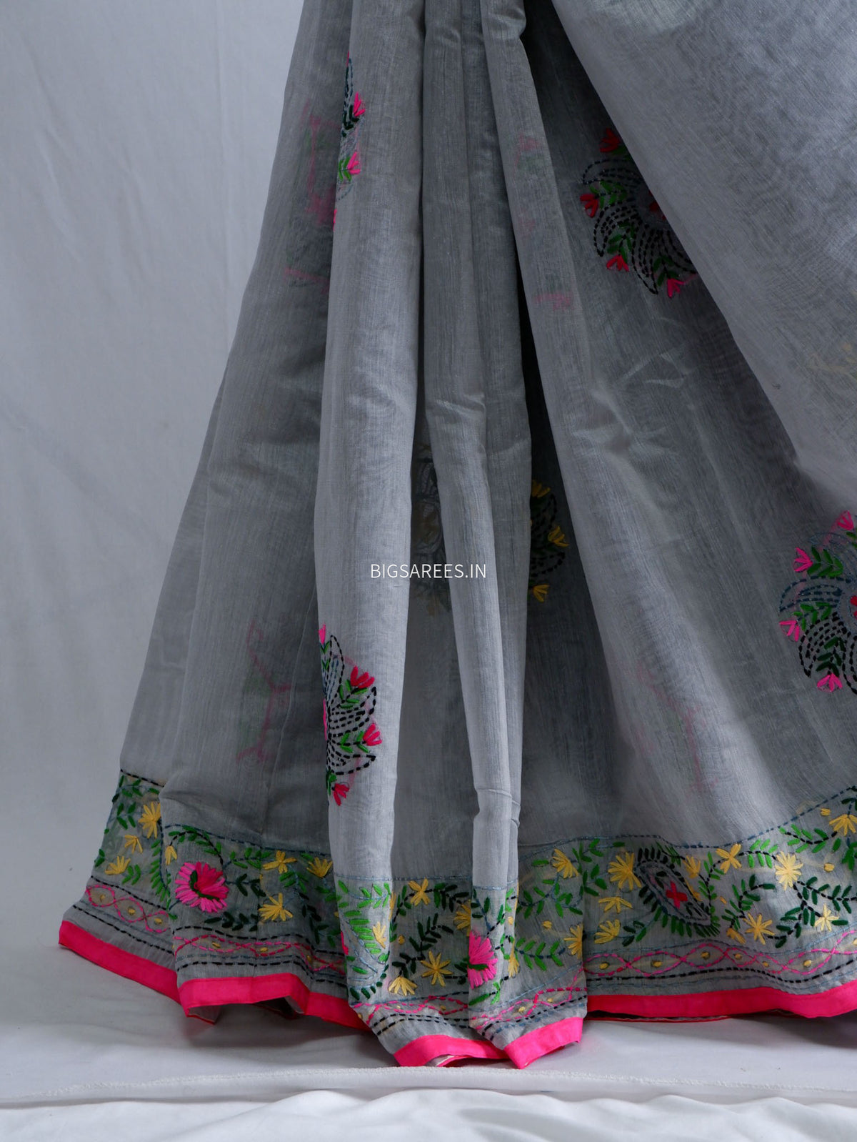 Phulkari Hand-Embroidered Saree | Chanderi Silk | Grey