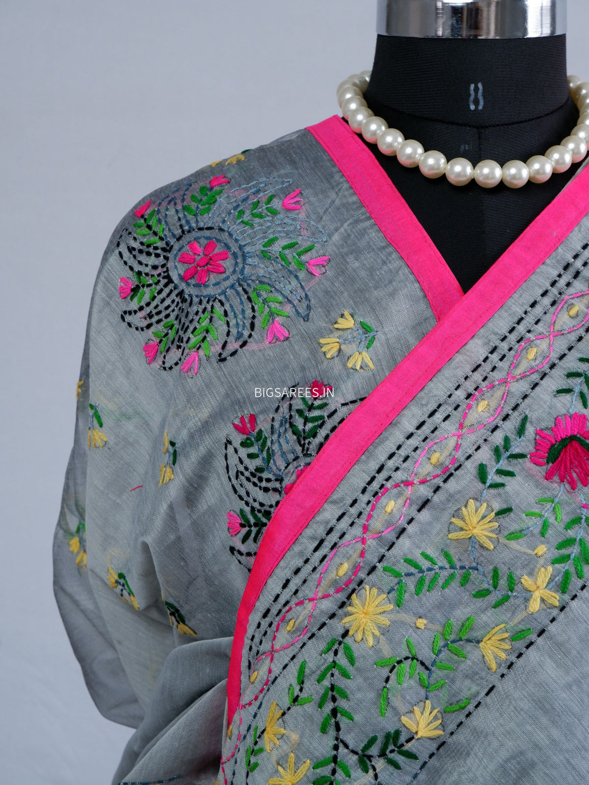 Phulkari Hand-Embroidered Saree | Chanderi Silk | Grey