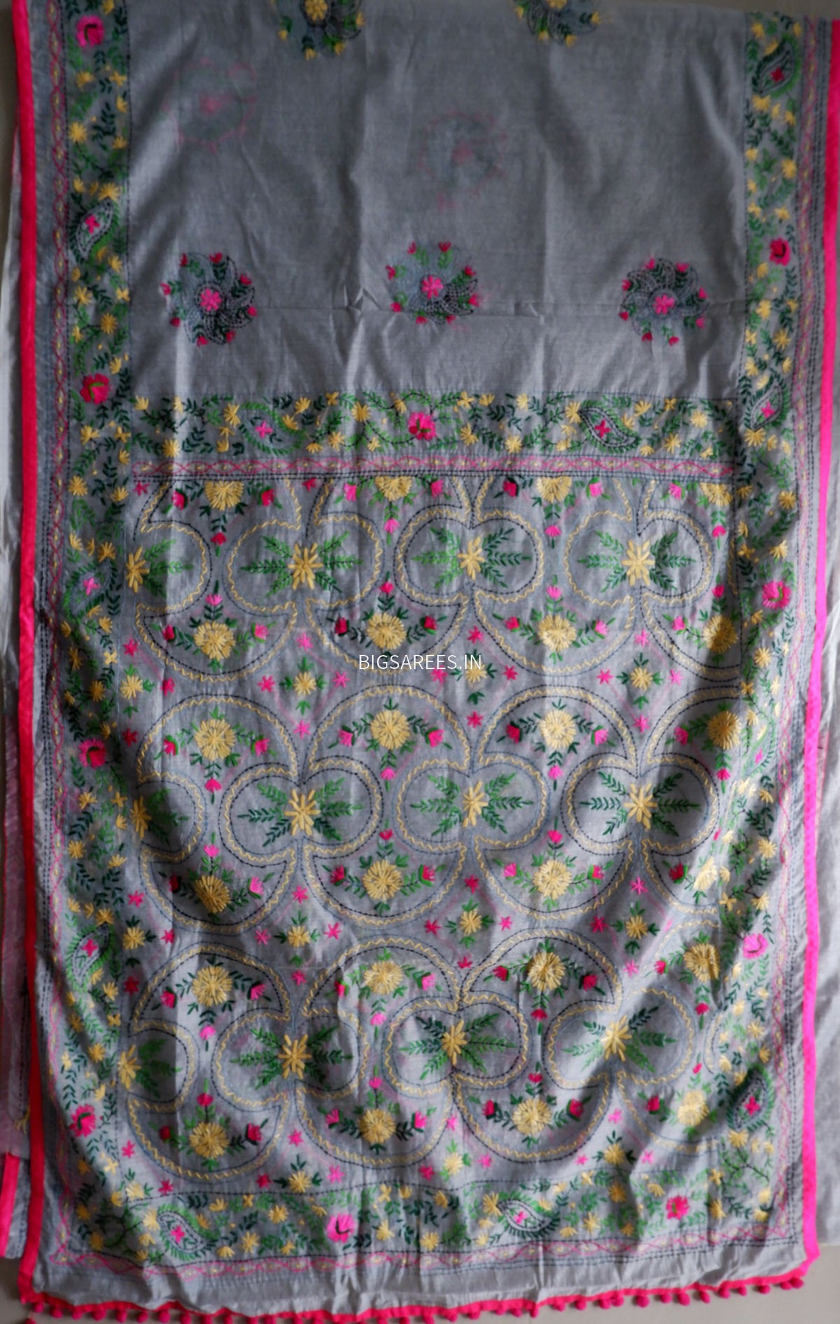 Phulkari Hand-Embroidered Saree | Chanderi Silk | Grey