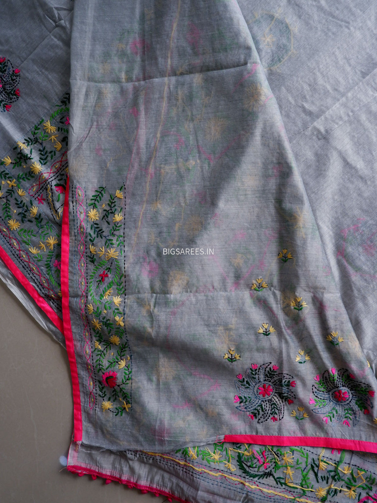 Phulkari Hand-Embroidered Saree | Chanderi Silk | Grey