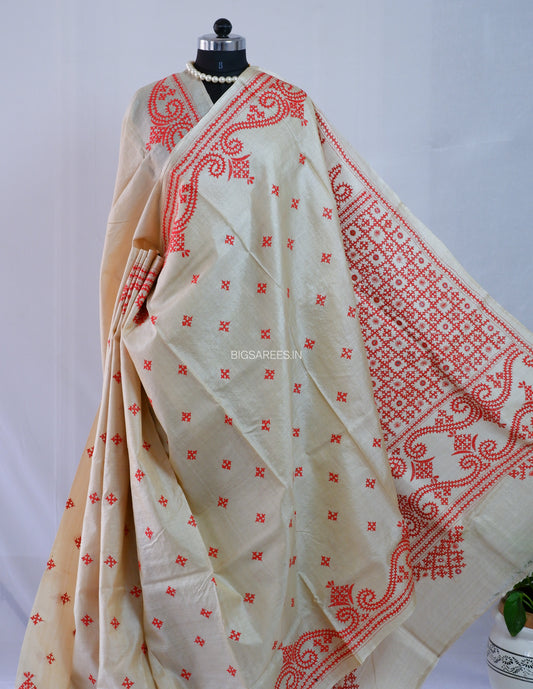 Kutchi Hand Embroidered Saree | Gachi Tassar Silk | Silk Marked | Off White