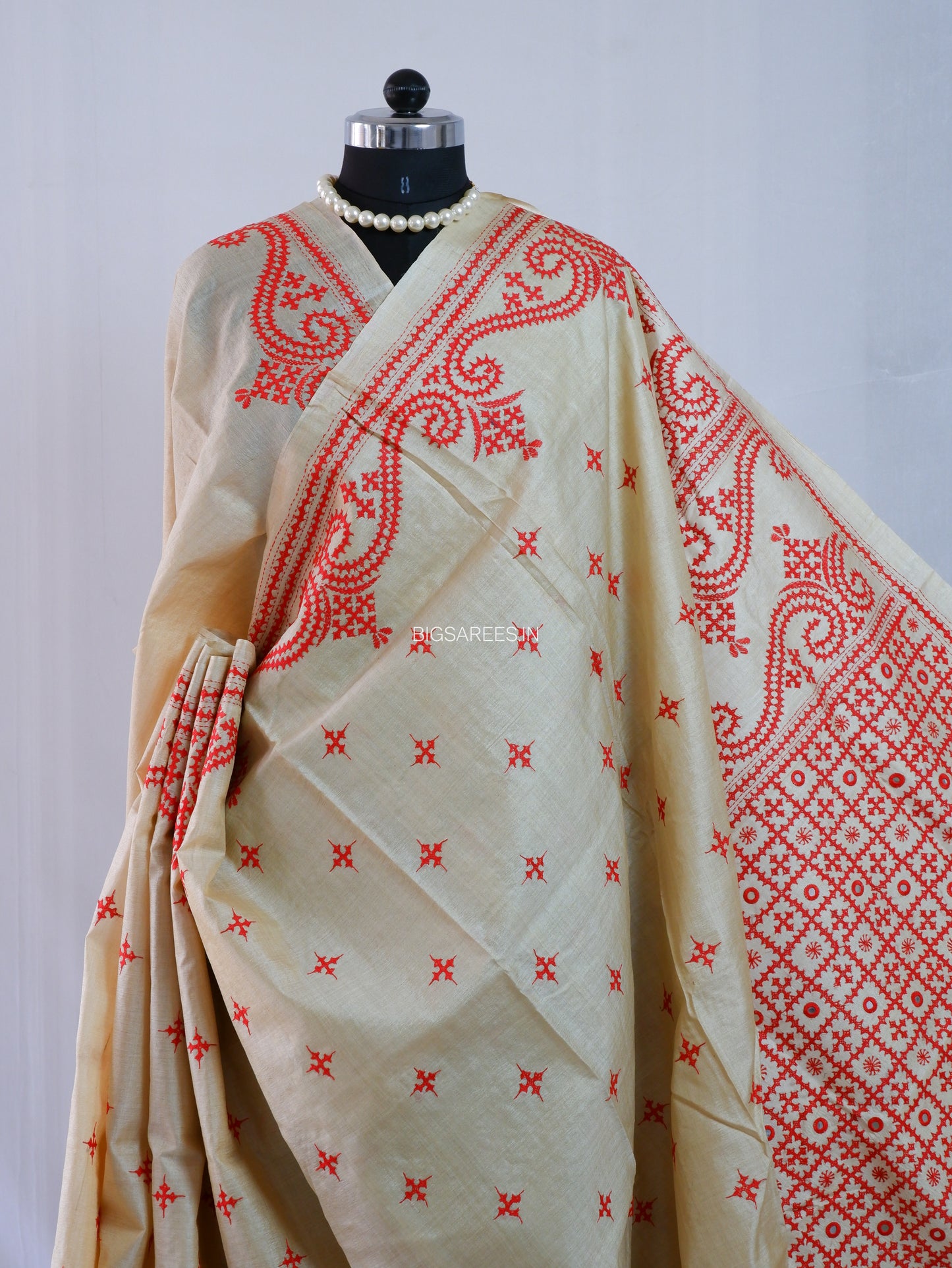 Kutchi Hand Embroidered Saree | Gachi Tassar Silk | Silk Marked | Off White