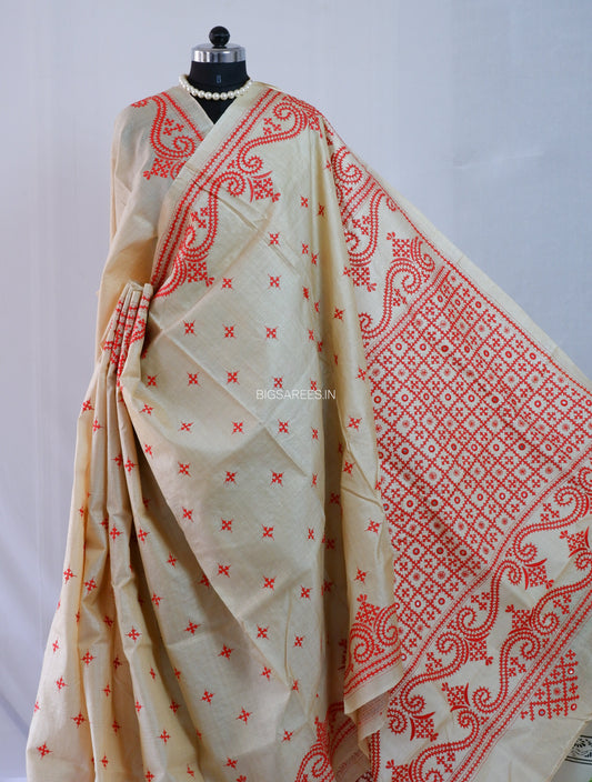 Kutchi Hand Embroidered Saree | Gachi Tassar Silk | Silk Marked | Off White