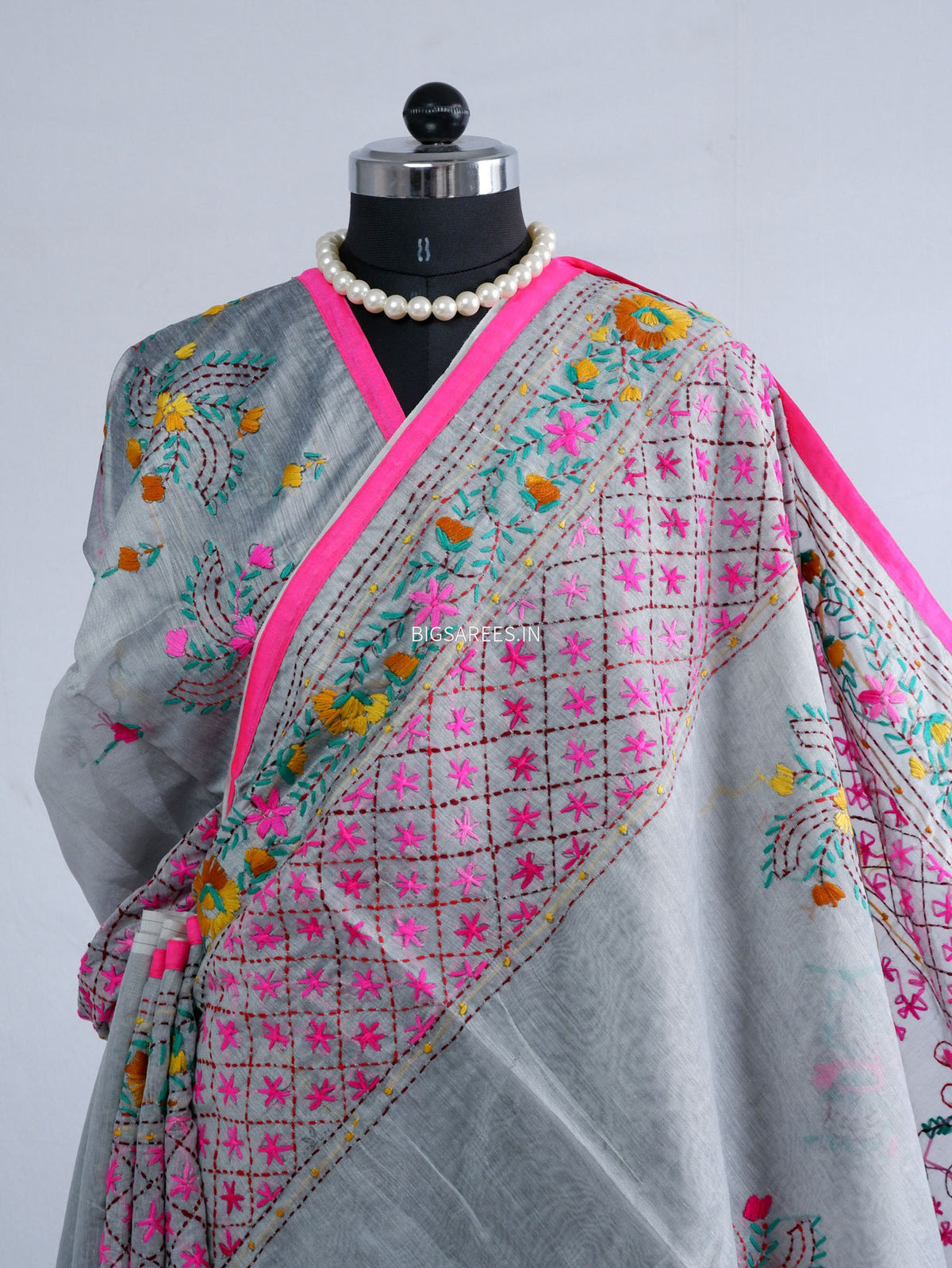 Phulkari Hand-Embroidered Saree | Chanderi Silk | Grey