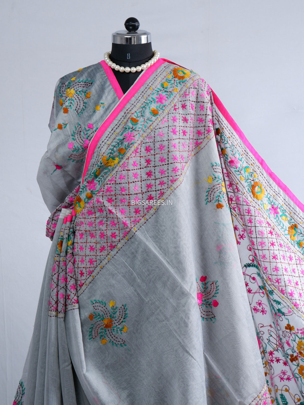 Phulkari Hand-Embroidered Saree | Chanderi Silk | Grey