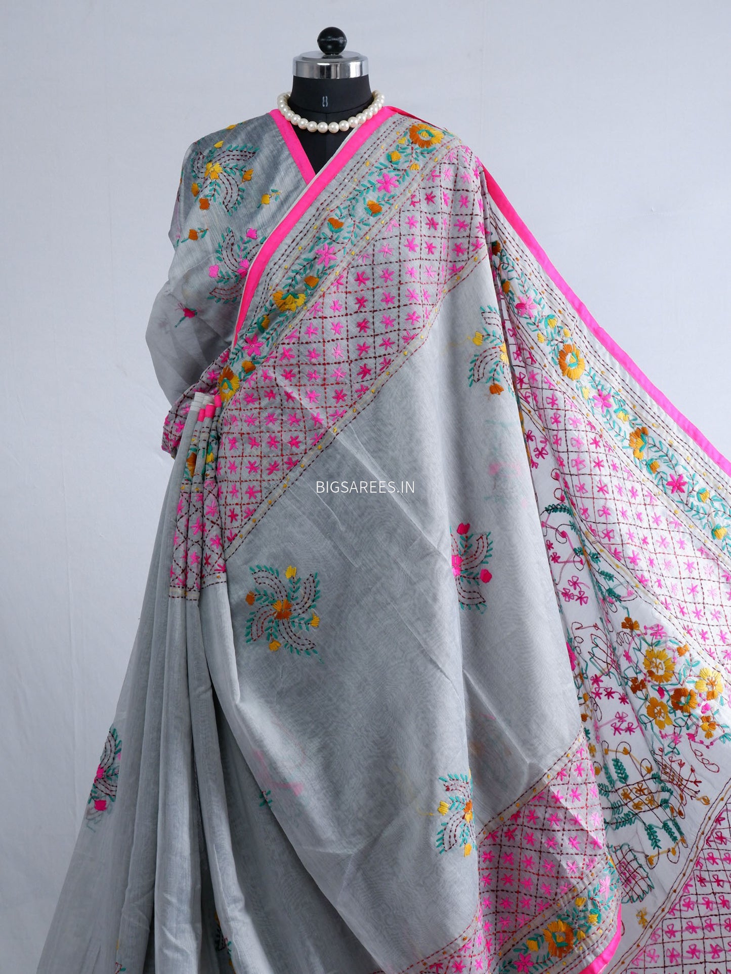 Phulkari Hand-Embroidered Saree | Chanderi Silk | Grey