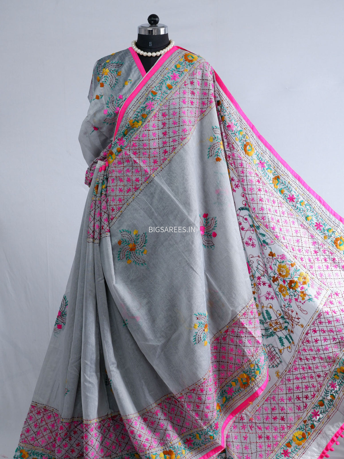 Phulkari Hand-Embroidered Saree | Chanderi Silk | Grey