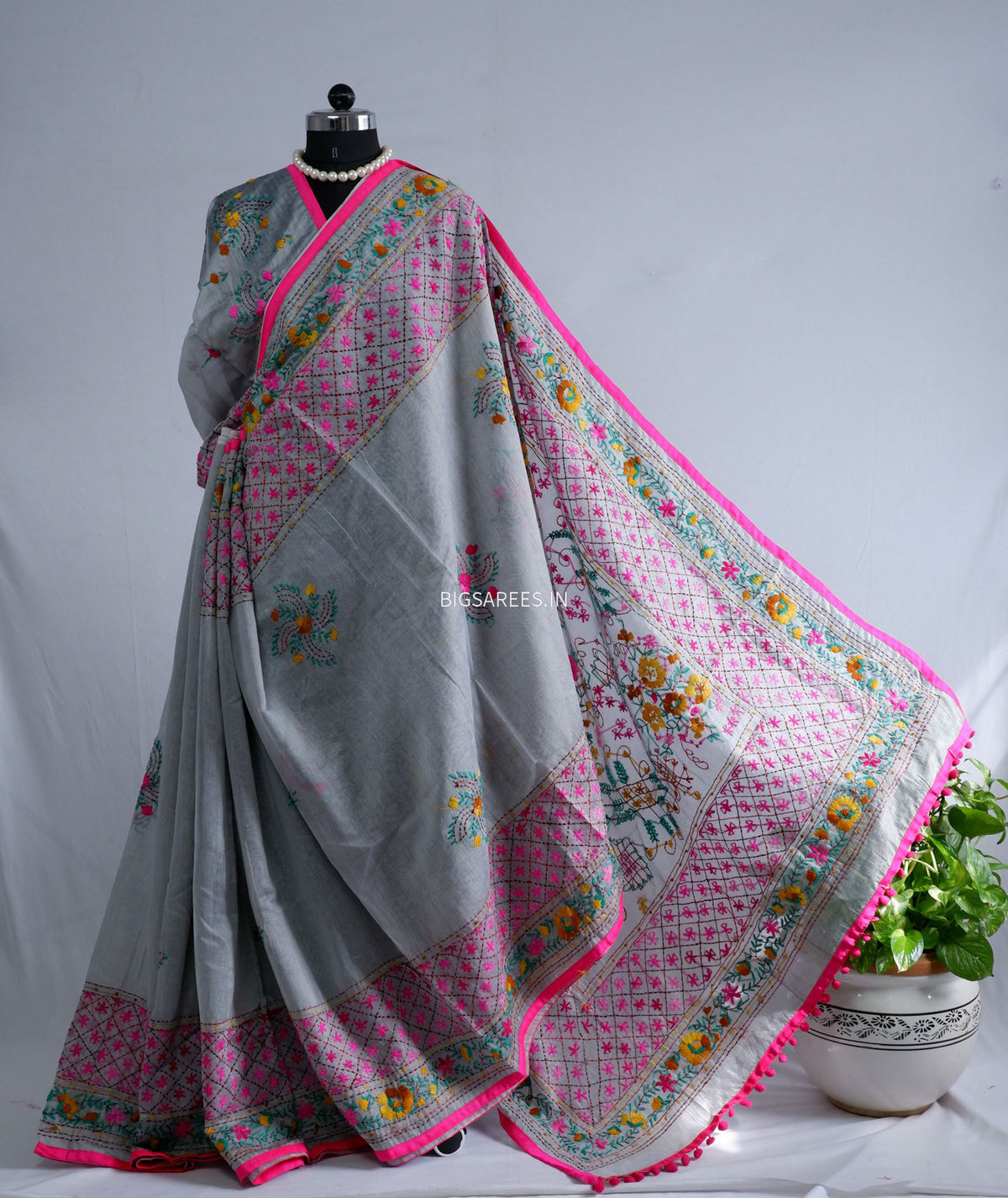 Phulkari Hand-Embroidered Saree | Chanderi Silk | Grey