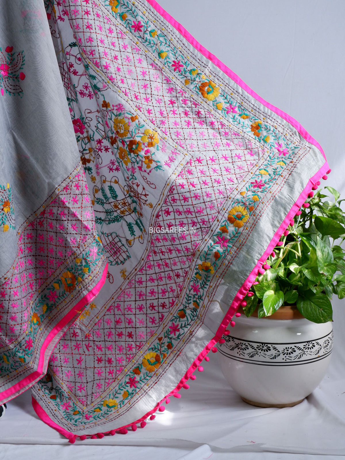Phulkari Hand-Embroidered Saree | Chanderi Silk | Grey