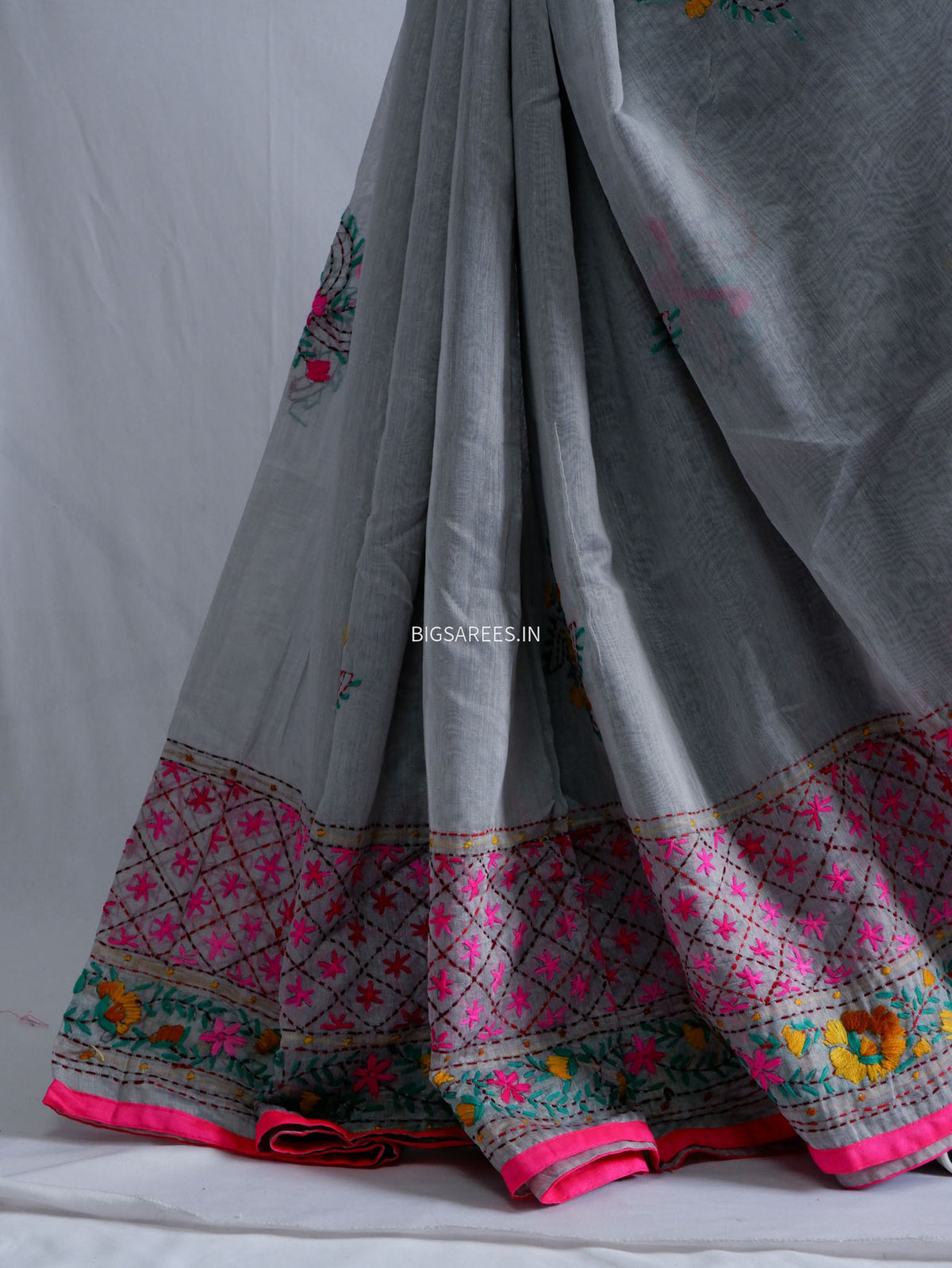 Phulkari Hand-Embroidered Saree | Chanderi Silk | Grey