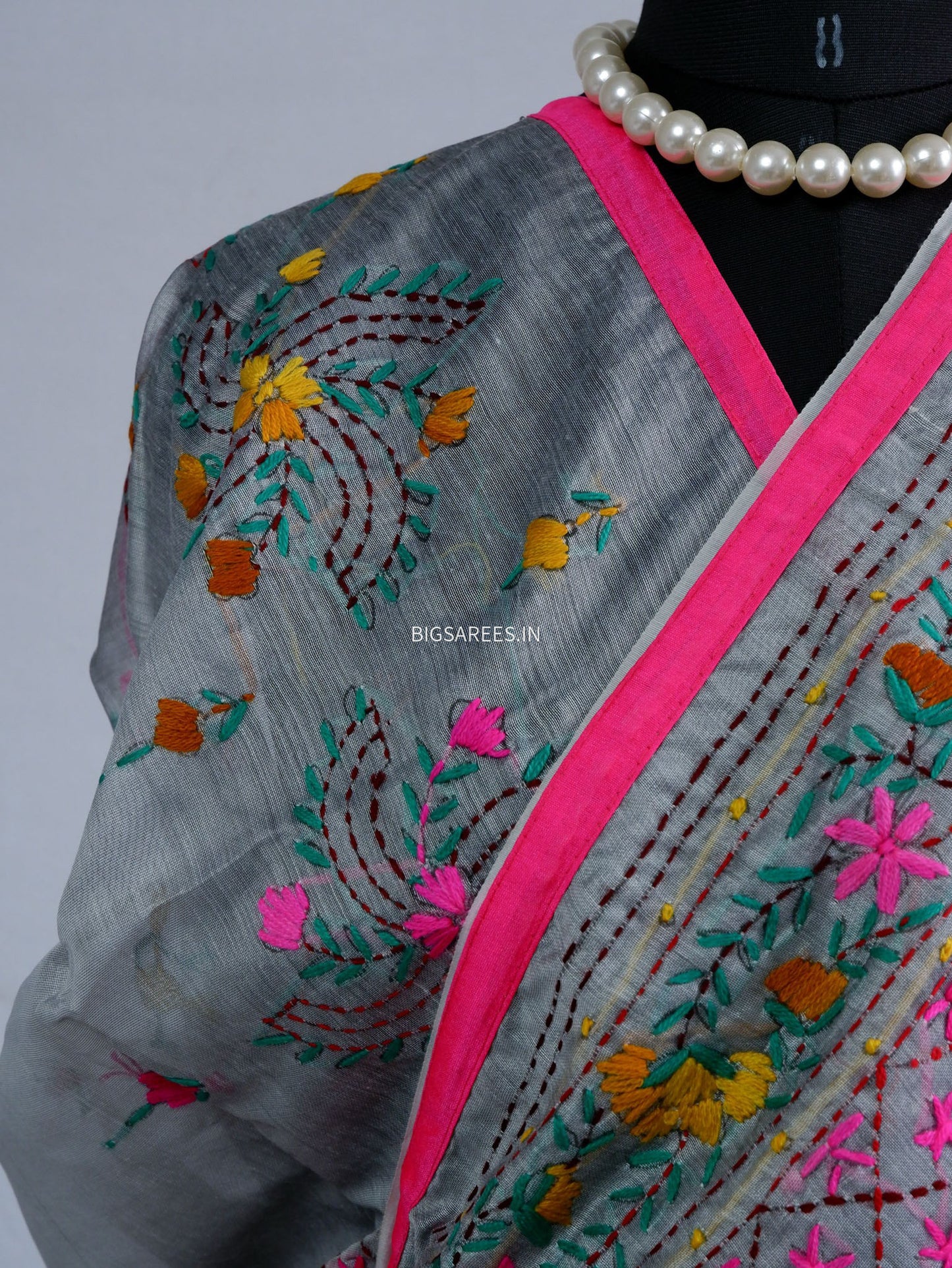 Phulkari Hand-Embroidered Saree | Chanderi Silk | Grey