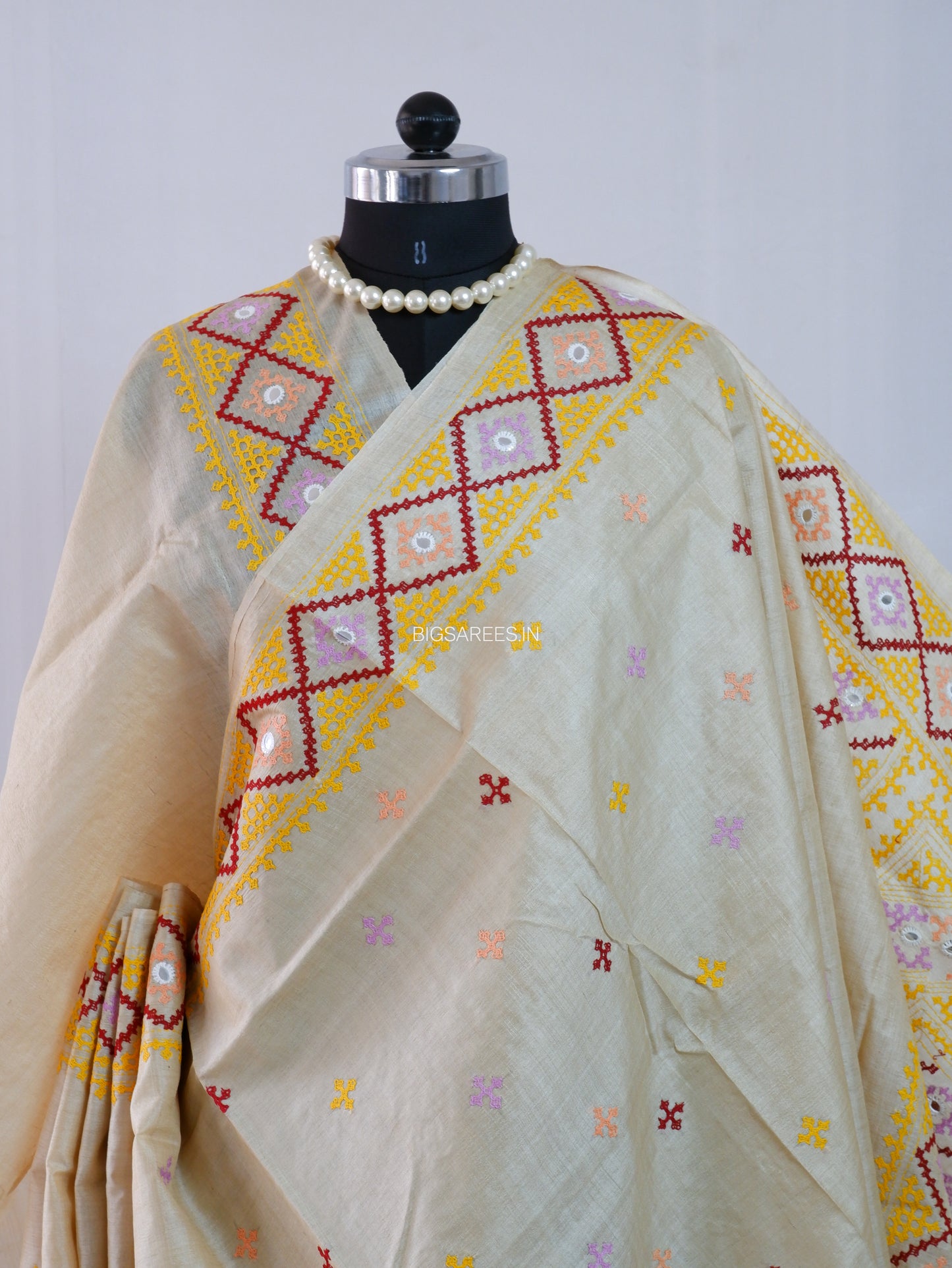 Kutchi Hand Embroidered Saree | Gachi Tassar Silk | Silk Marked | Off White