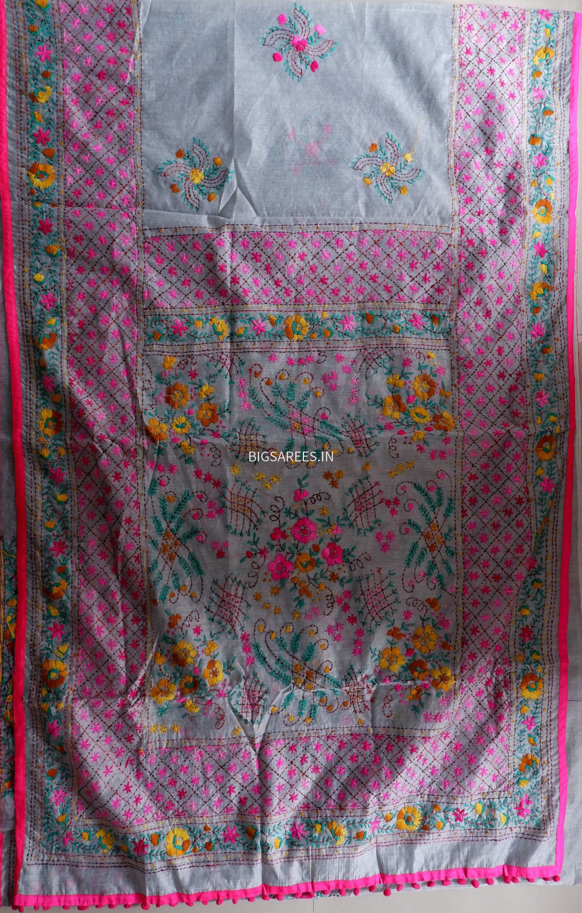 Phulkari Hand-Embroidered Saree | Chanderi Silk | Grey