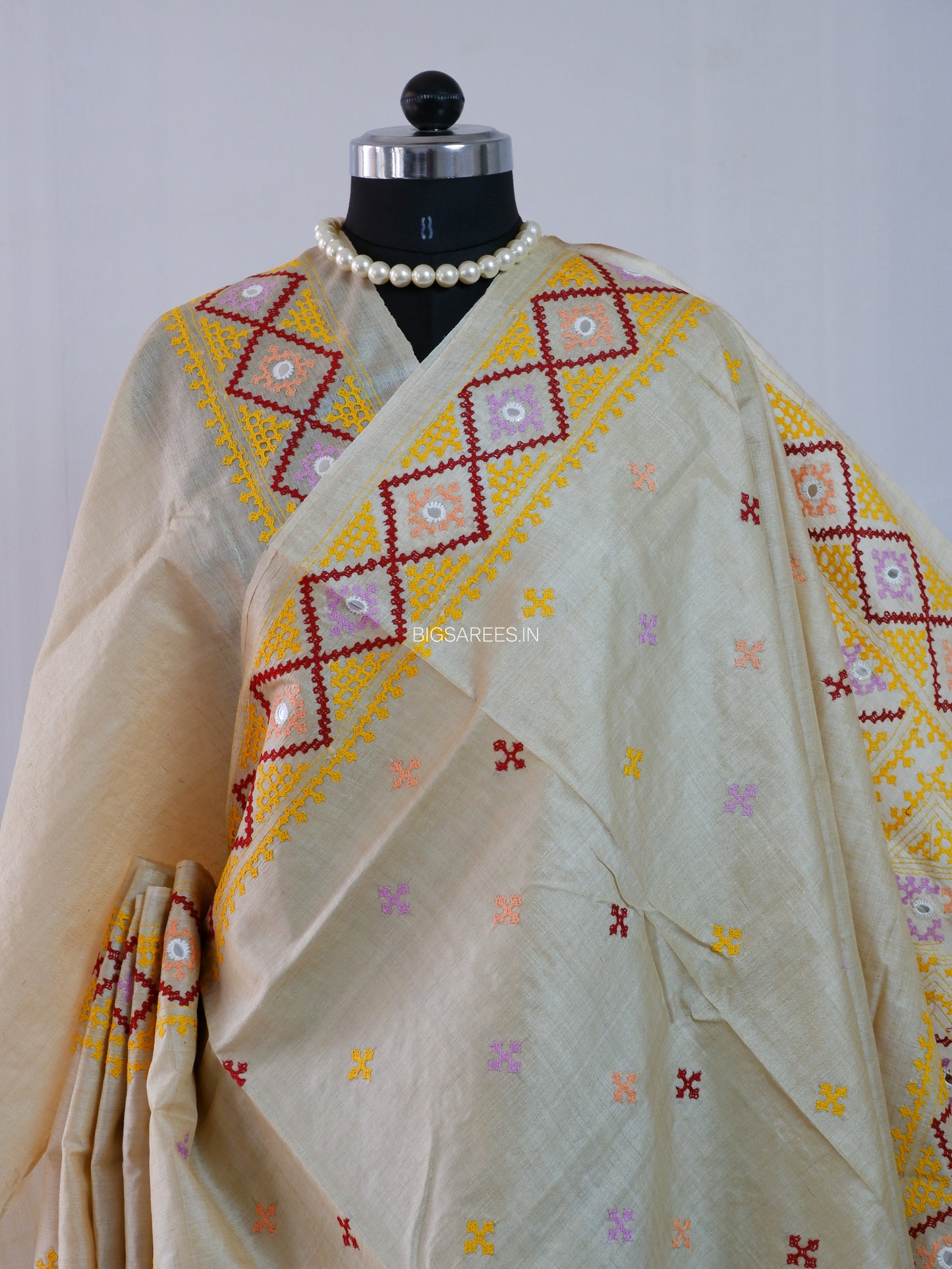 Kutchi Hand Embroidered Saree | Gachi Tassar Silk | Silk Marked | Off White