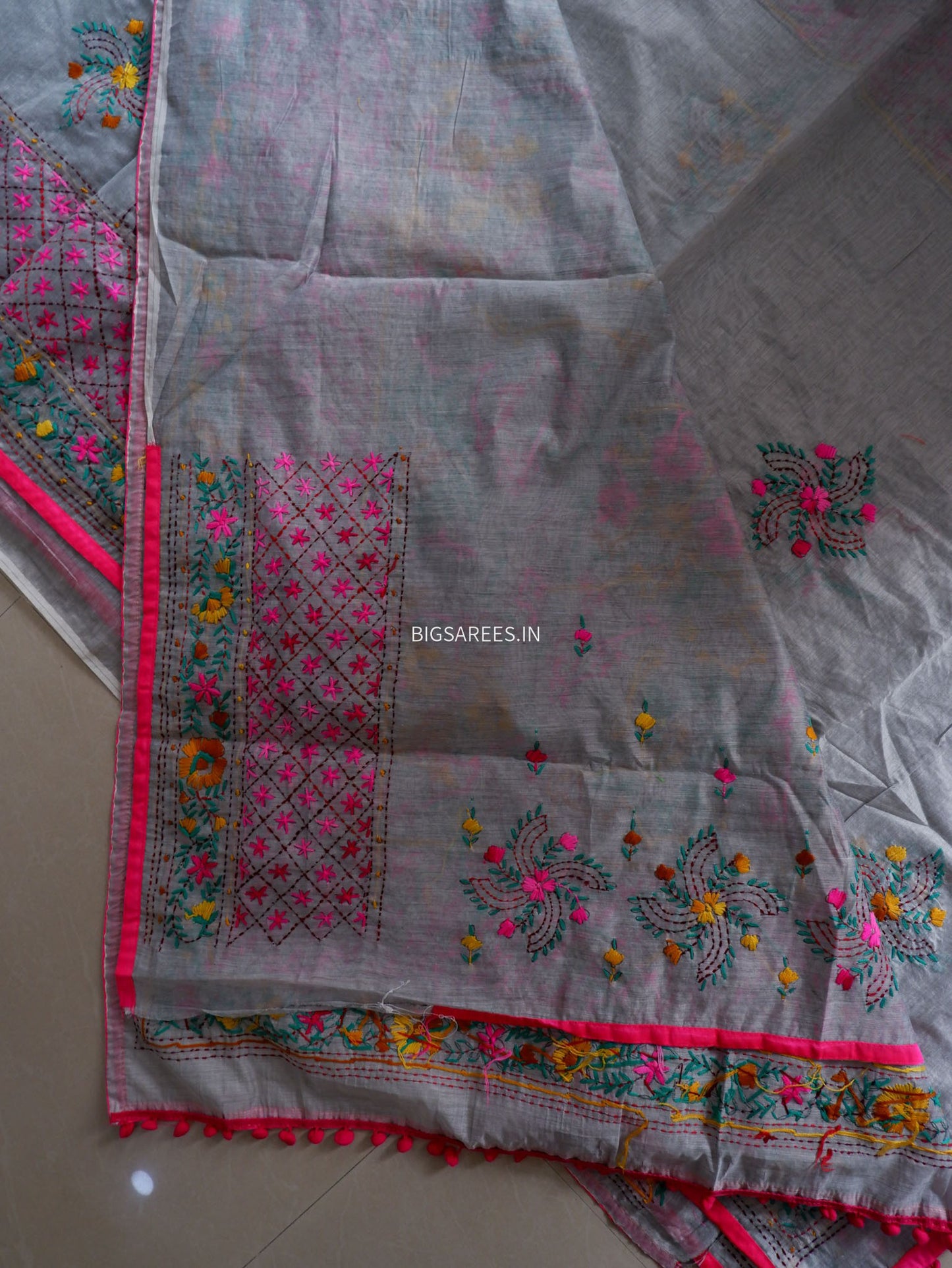 Phulkari Hand-Embroidered Saree | Chanderi Silk | Grey