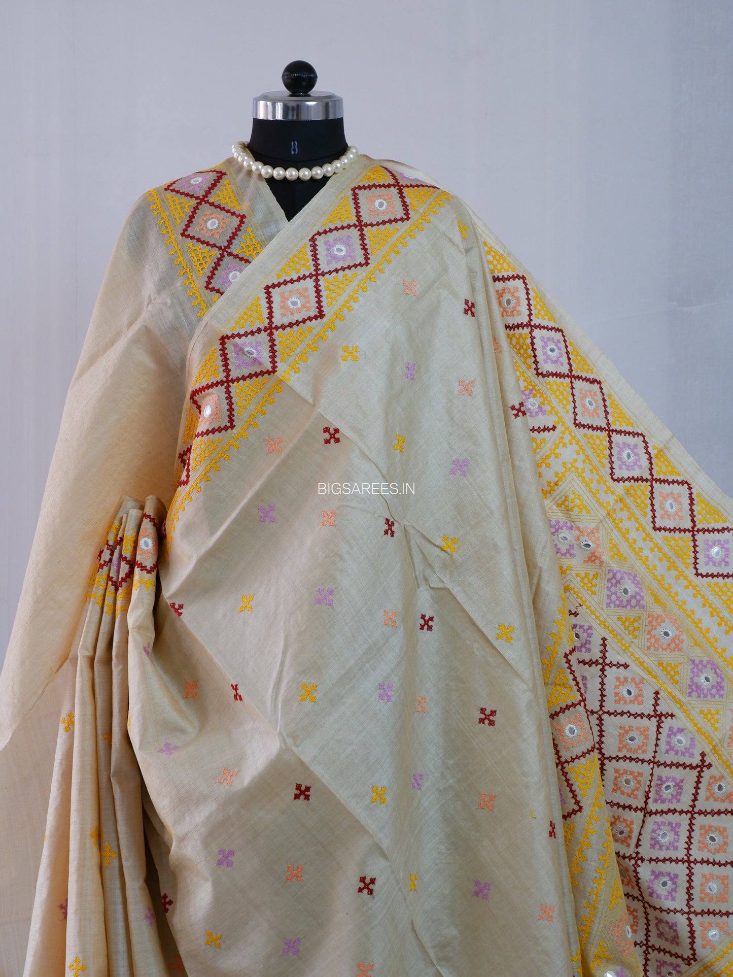 Kutchi Hand Embroidered Saree | Gachi Tassar Silk | Silk Marked | Off White