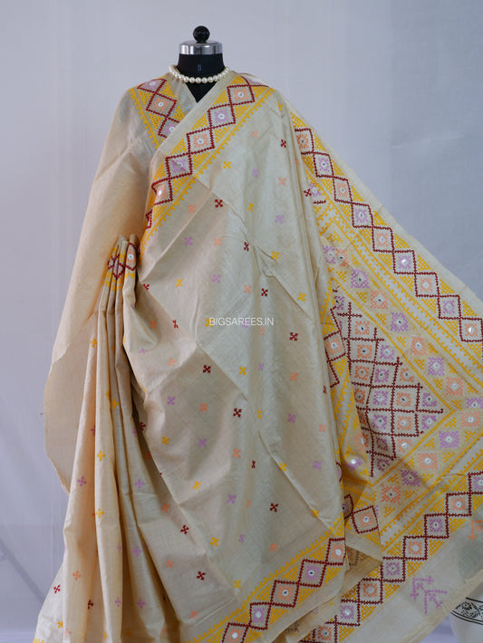 Kutchi Hand Embroidered Saree | Gachi Tassar Silk | Silk Marked | Off White