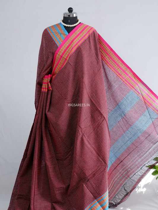 Patteda Anchu Ilkal Handloom Saree | Pure Cotton | Checked | Light Maroon