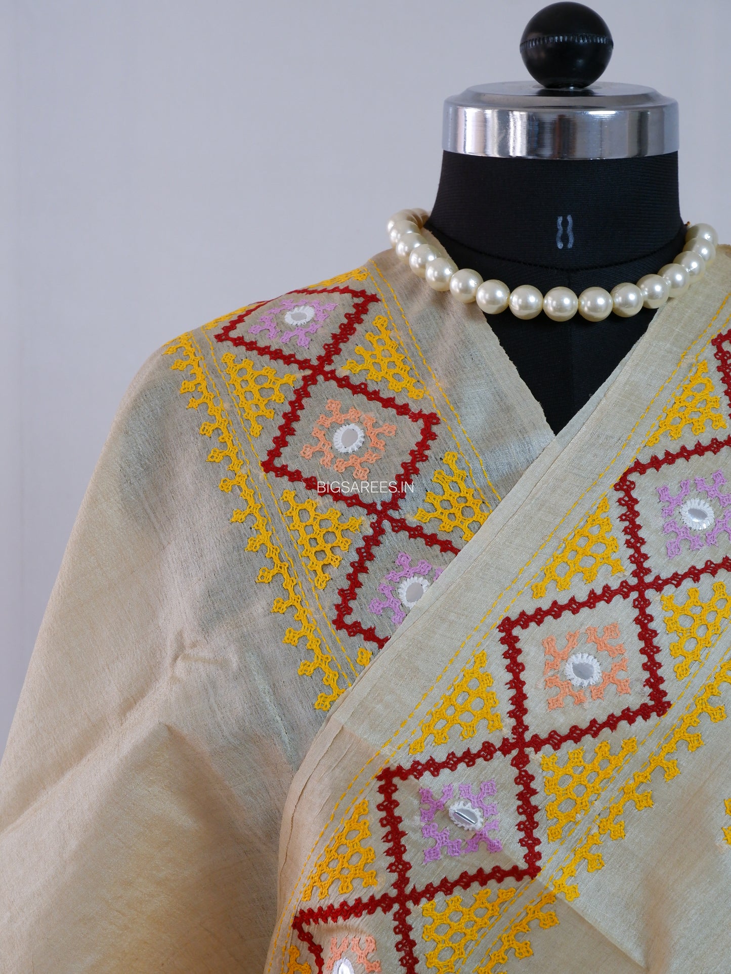 Kutchi Hand Embroidered Saree | Gachi Tassar Silk | Silk Marked | Off White