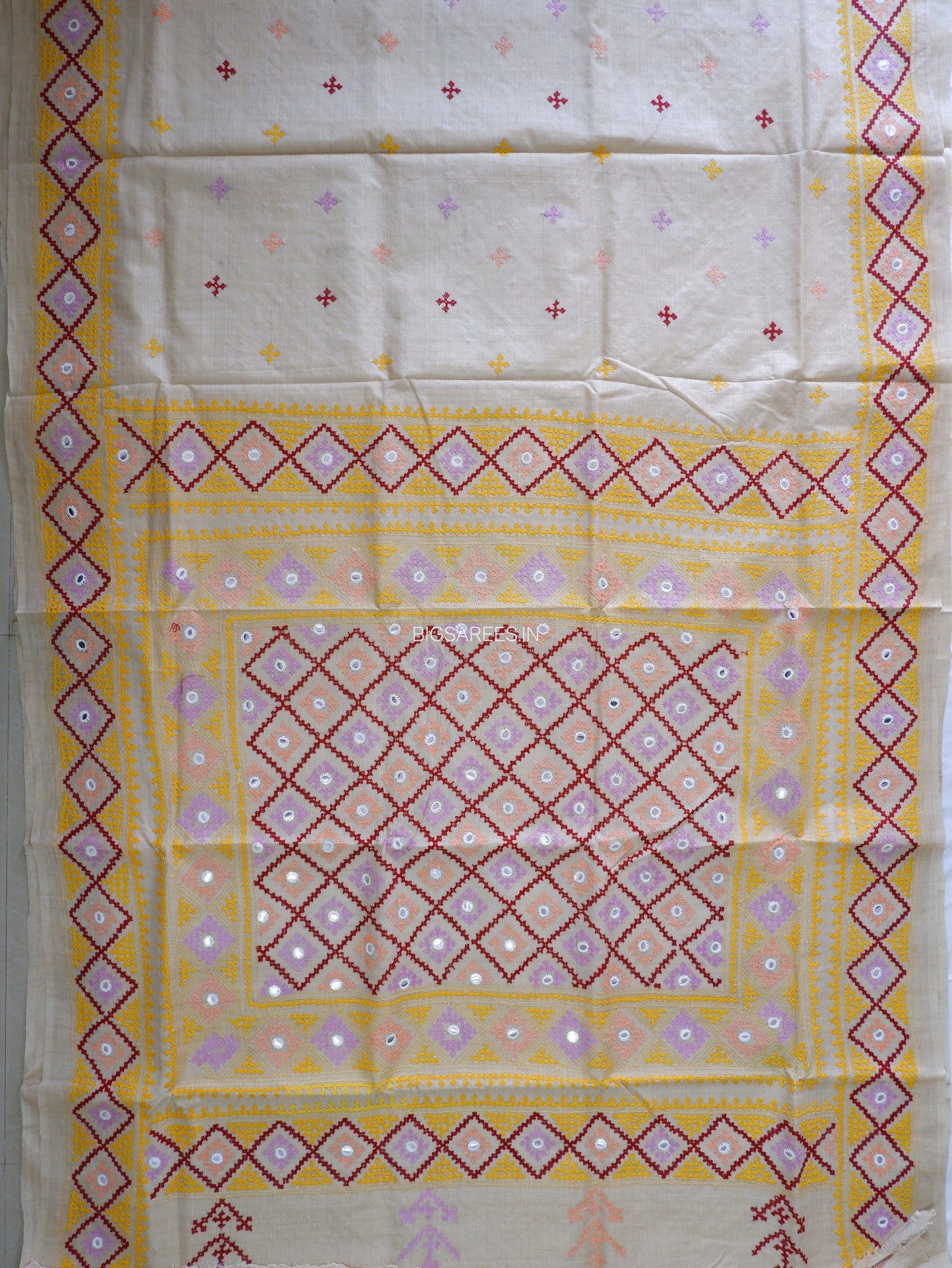 Kutchi Hand Embroidered Saree | Gachi Tassar Silk | Silk Marked | Off White