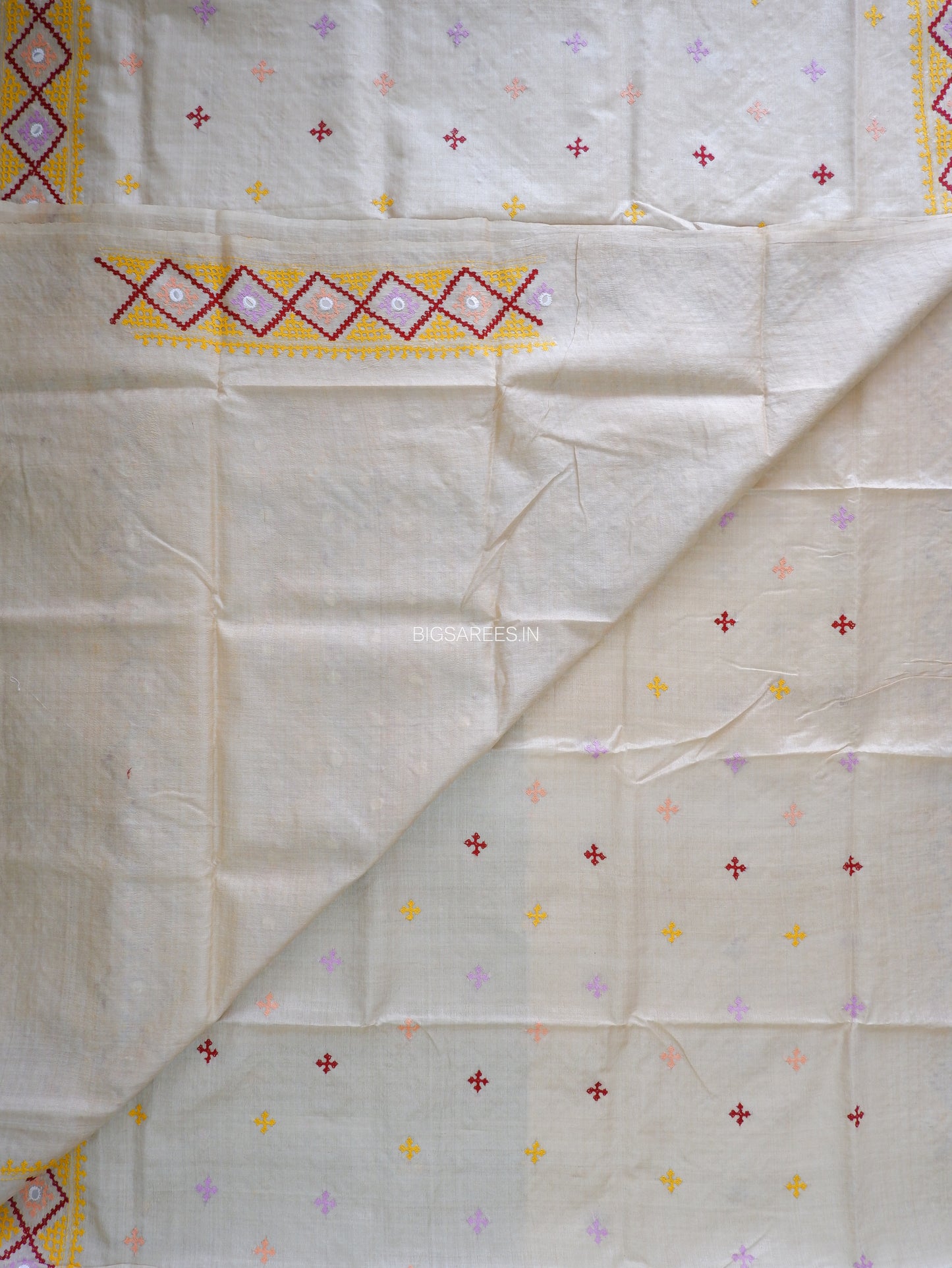 Kutchi Hand Embroidered Saree | Gachi Tassar Silk | Silk Marked | Off White