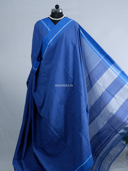 Patteda Anchu Ilkal Handloom Saree | Pure Cotton | Checked | Blue
