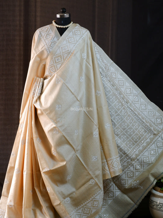 Kutchi Hand Embroidered Saree | Gachi Tassar Silk | Silk Marked | Beige