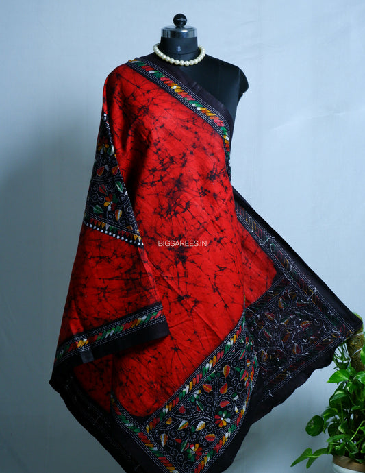 Hand Batik & Kantha Embroidered Dupatta | Cotton | Red/black