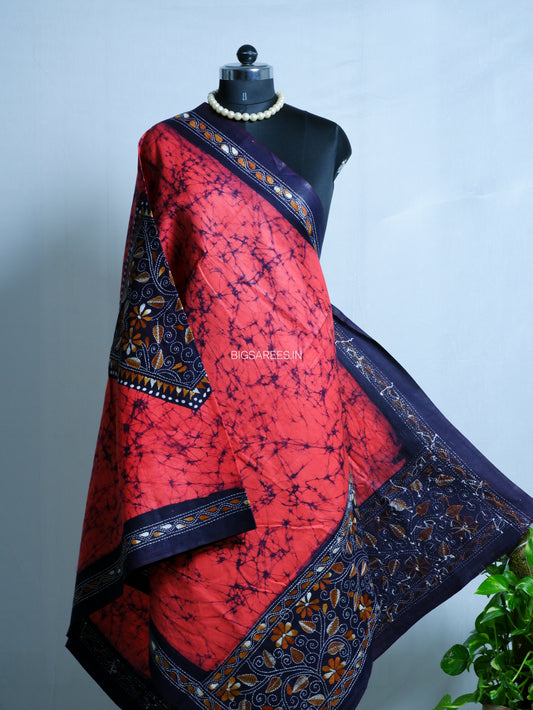 Hand Batik & Kantha Embroidered Dupatta | Cotton | Red/black