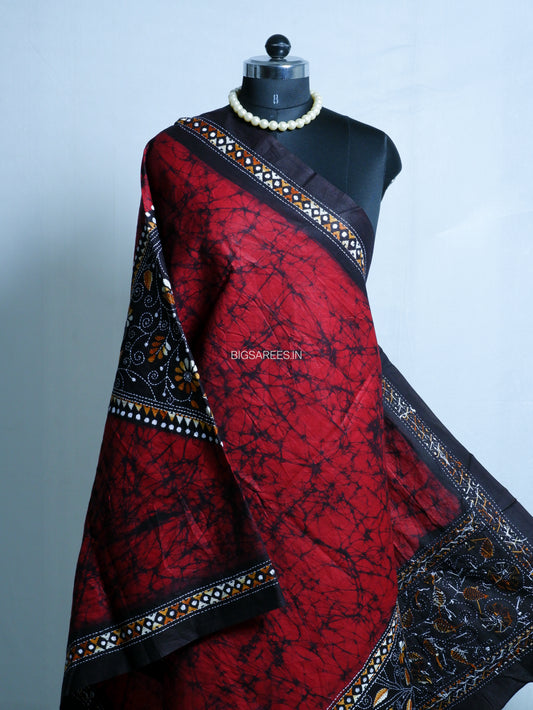 Hand Batik & Kantha Embroidered Dupatta | Cotton | Dark Red/Black