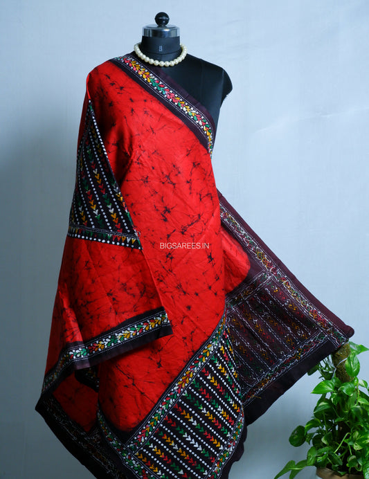 Hand Batik & Kantha Embroidered Dupatta | Cotton | Red/Black
